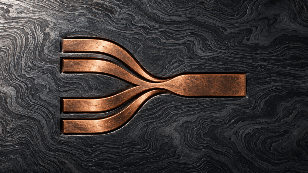 Copper channels converging through a narrow point embossed on dark Damascus steel