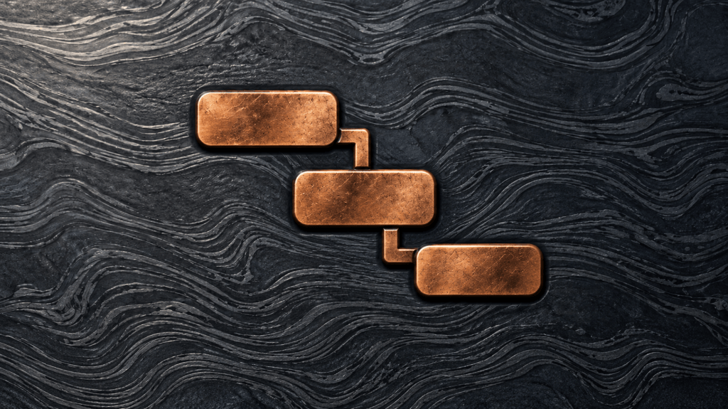 Three offset connected copper blocks embossed on Damascus steel