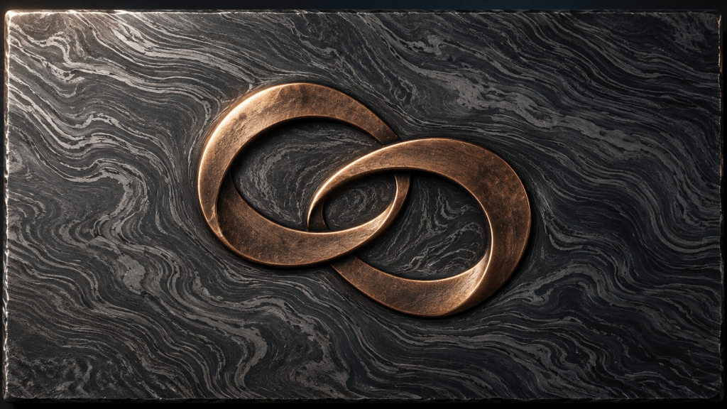 Two interlocking copper loops embossed on dark Damascus steel