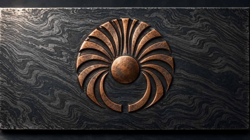 Radiating copper emblem with a break in its lower arc embossed on Damascus steel