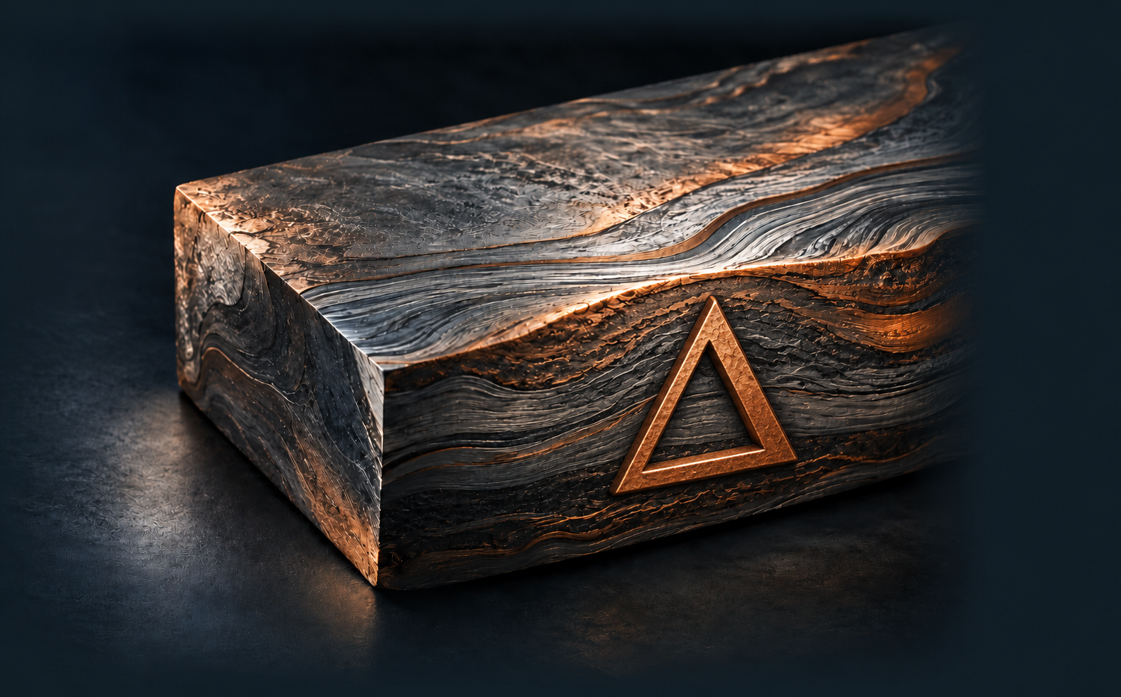 Copper delta in Damascus steel with soft reflected light on a dark tabletop.
