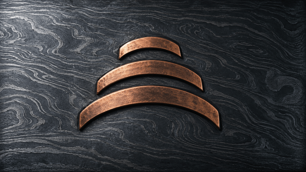 Three separated copper arcs at different levels on Damascus steel