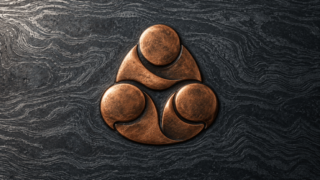 Three copper forms grouped around a shared centre on Damascus steel